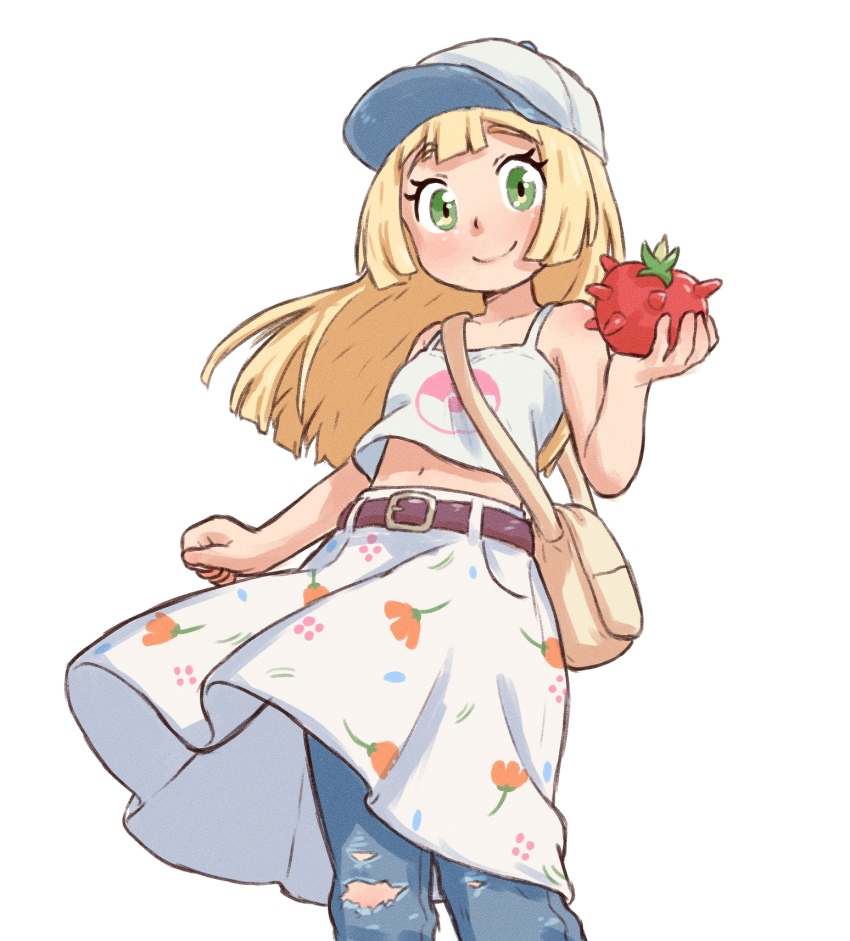 1girl alternate_costume baseball_cap beachepisode belt blonde_hair blush brown_belt closed_mouth collarbone denim food green_eyes hat highres holding holding_food jeans lillie_(pokemon) long_hair looking_at_viewer navel nintendo pants pants_under_skirt pokemon pokemon_sm simple_background skirt smile solo torn_clothes torn_jeans torn_pants white_background white_skirt