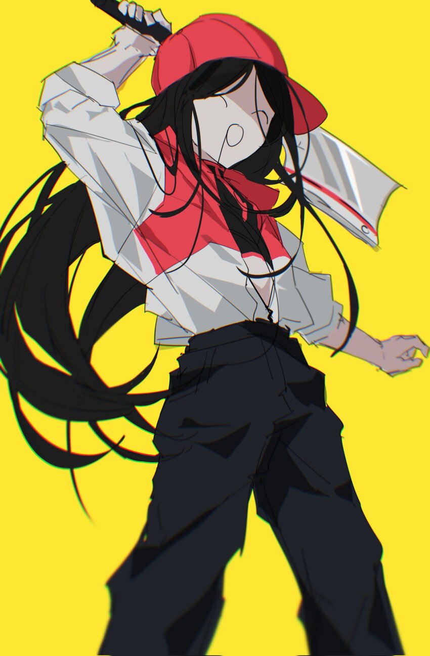 1girl ^_^ ^q^ backwards_hat baseball_cap black_pants black_shirt blurry blurry_foreground butcher_vanity_(synthesizer_v) cleaver closed_eyes corrupted_twitter_file crop_top drooling hasugu hat highres holding holding_cleaver jacket long_hair midriff_peek open_clothes open_jacket open_mouth pale_skin pants red_hat red_trim shirt simple_background solo synthesizer_v white_jacket yellow_background yi_xi_(synthesizer_v)