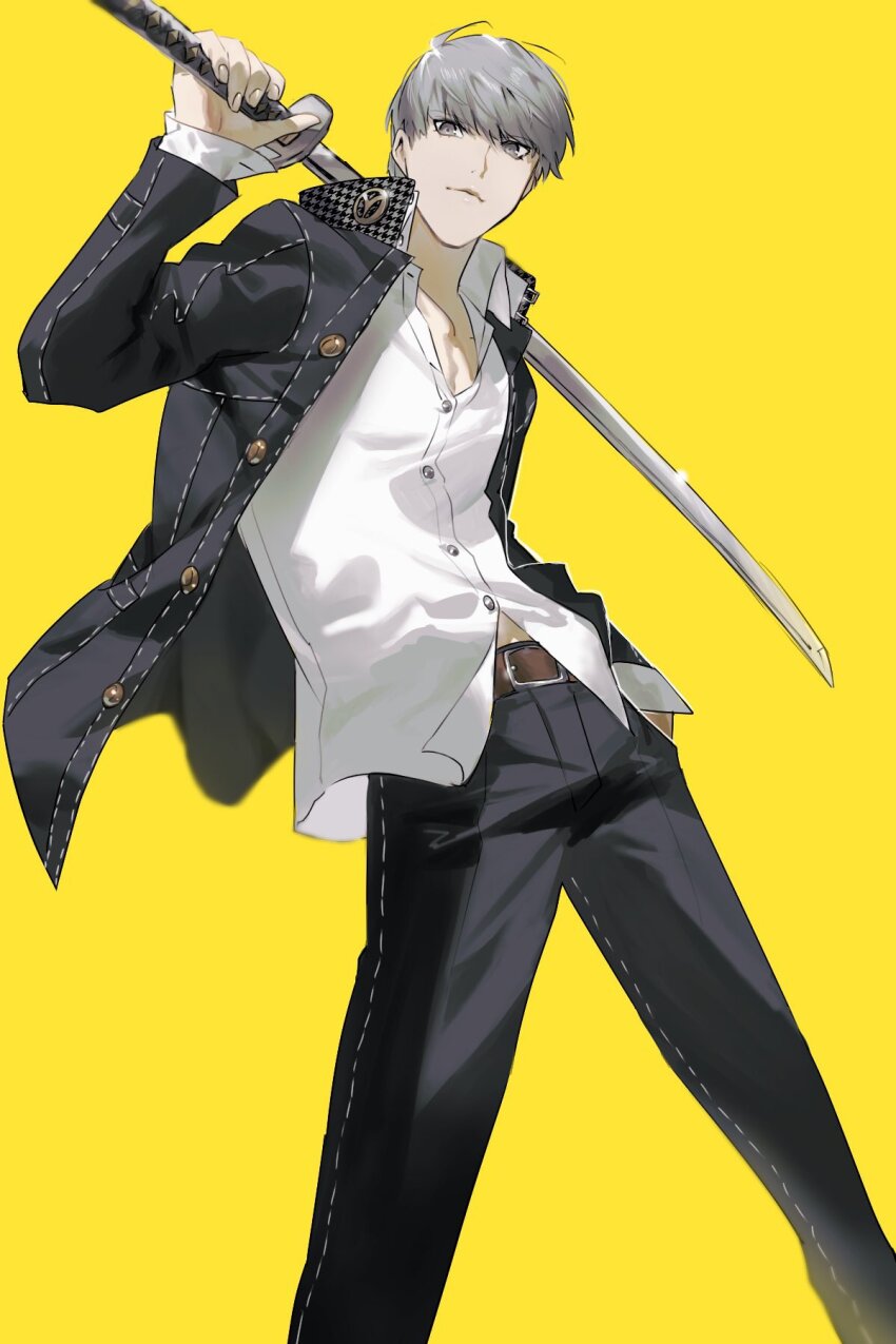 1boy belt belt_buckle black_jacket black_pants buckle buttons closed_mouth collared_shirt commentary_request feet_out_of_frame grey_eyes grey_hair hand_in_pocket highres holding holding_sword holding_weapon jacket katana long_sleeves looking_at_viewer male_focus narukami_yu open_clothes open_jacket over_shoulder pants persona persona_4 prsnmikuro school_uniform shirt short_hair solo standing sword weapon white_shirt yasogami_school_uniform yellow_background