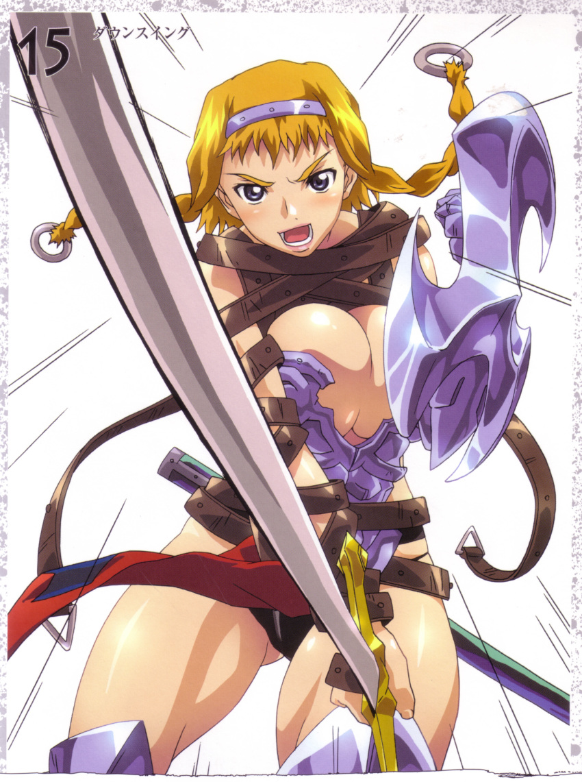 1girl absurdres armor artbook back blonde_hair blush boots braid buckle curvy exiled_warrior_leina female_focus fighting hairband highres hisayuki_hirokazu leina_(queen&#039;s_blade) looking_at_viewer official_art queen&#039;s_blade queen&#039;s_blade_lost_worlds revealing_clothes scan shield shiny_skin short_hair_with_long_locks side_braid slashing solo spread_legs sweat sword thong twin_braids weapon