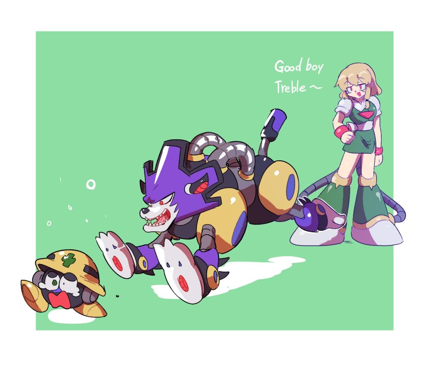 1girl android blonde_hair border chasing english_text green_background green_shirt green_skirt highres medium_hair mega_man_(classic) mega_man_(series) met_(mega_man) non-humanoid_robot piano_(srnhuyuno) red_eyes robot robot_animal robot_dog robot_girl scar scar_on_face sharp_teeth shirt simple_background skirt srnhuyuno teeth treble_(mega_man) white_border