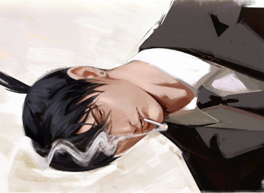 1boy black_eyes black_hair black_jacket black_necktie chainsaw_man cigarette collared_shirt earrings hayakawa_aki jacket jewelry male_focus ndsoda necktie shirt sideways smoke smoking solo stud_earrings suit_jacket topknot white_shirt