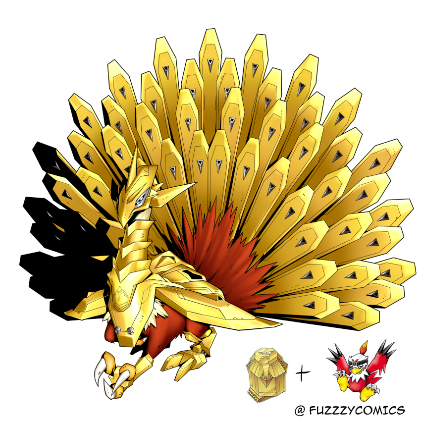 armor bird blue_eyes digimental digimental_of_miracles digimon digimon_(creature) fuzzzycomics gold_armor hawkmon highres looking_at_viewer oridigi original peacock peacockmon twitter_username