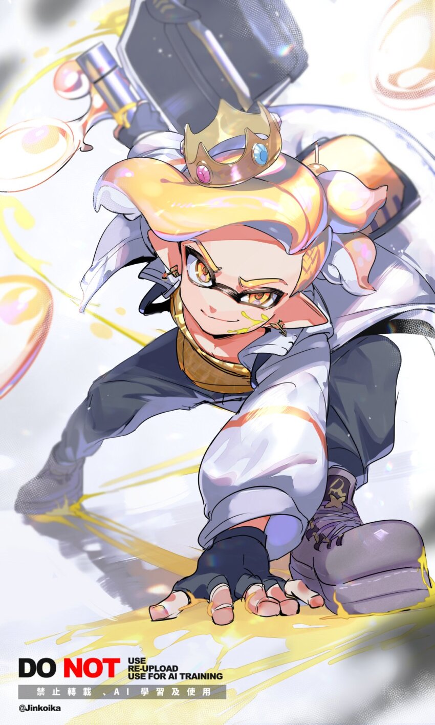 1girl black_gloves black_pants crown ed_(jinko) fingerless_gloves gloves inkling_girl inkling_player_character jinkoika nintendo pants pointy_ears solo splatoon_(series) weapon yellow_eyes