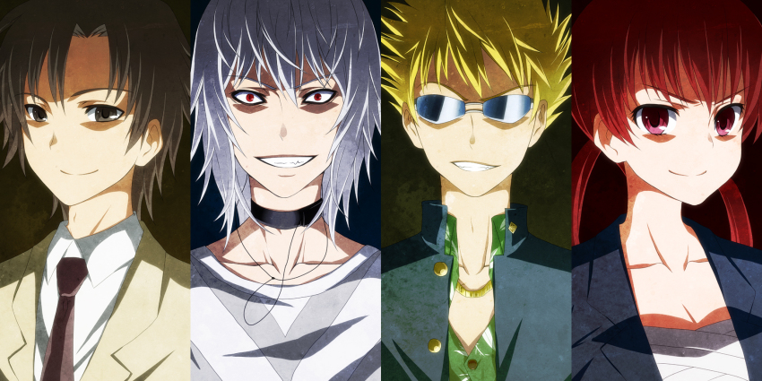 1girl 3boys accelerator_(toaru_majutsu_no_index) blonde_hair brown_eyes brown_hair choker etzali highres laco_soregashi multiple_boys musujime_awaki red_eyes red_hair sunglasses toaru_majutsu_no_index tsuchimikado_motoharu unabara_mitsuki white_hair