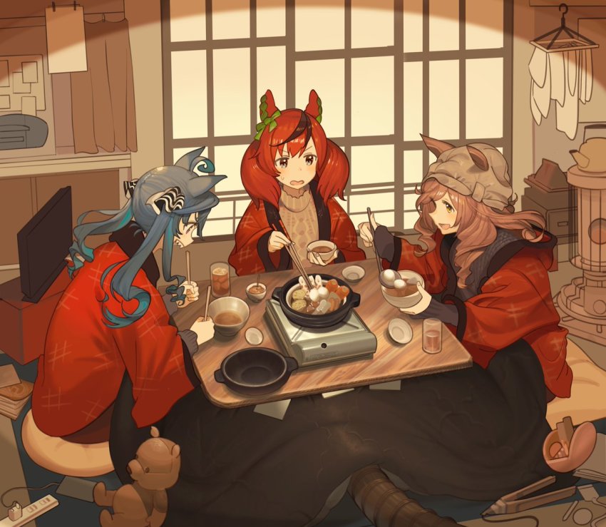 3girls ahoge animal_ears ashinowoto beanie blue_hair book bowl brown_hair carrot cellphone chikuwa chopsticks cosmetics cup ear_covers ears_through_headwear egg food hair_iron hair_straightener hat holding holding_chopsticks horse_ears hotpot indoors kerosene_heater kettle kotatsu ladle laundry long_hair long_sleeves lotus_root matikane_tannhauser_(umamusume) multicolored_hair multiple_girls nice_nature_(umamusume) open_mouth phone pillow power_strip red_hair sharp_teeth sitting smartphone smile softboiled_egg streaked_hair stuffed_animal stuffed_toy sweatdrop sweater table teddy_bear teeth television twin_turbo_(umamusume) twintails umamusume under_kotatsu under_table v-shaped_eyebrows