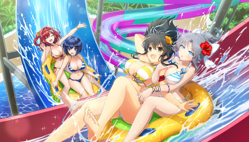 4girls :d :o ^_^ arm_scarf arm_up ass asuka_(senran_kagura) bandana_around_arm bare_shoulders bikini black_hair blue_bikini blue_eyes blue_gemstone blue_hair blush bow bracelet breasts brown_eyes bush cleavage closed_eyes collarbone crossover dolphin_hair_ornament dolphin_wave fern flower frilled_bikini frilled_bikini_top frills front-tie_bikini_top front-tie_top game_cg gem gluteal_fold green_gemstone green_scrunchie grey_hair groin hair_between_eyes hair_bow hair_flower hair_intakes hair_ornament hair_ribbon hair_scrunchie hibiscus highres inflatable_raft jewelry large_breasts light_particles linea_alba long_hair looking_at_viewer marvelous multicolored_bikini multiple_girls navel non-web_source official_alternate_costume official_alternate_hairstyle official_art one_side_up ootomo_takuji open_mouth orange_flower plant ponytail pool red_bikini red_flower red_gemstone red_hair red_scarf ribbon sakimiya_iruka scarf scrunchie senran_kagura senran_kagura_new_link shiny_skin short_hair short_ponytail side-tie_bikini_bottom sitting smile sparkle splashing striped_bikini striped_bow striped_clothes swimsuit thigh_gap tojou_michiru two-tone_bikini water water_drop water_slide waterpark white_bikini white_bow white_ribbon yellow_bikini yumi_(senran_kagura)