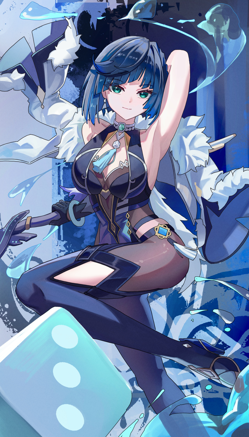 1girl absurdres arm_behind_head armpits black_bodysuit black_gloves blue_hair bodysuit boots breasts cleavage closed_mouth feather-trimmed_jacket genshin_impact gloves green_eyes high_heel_boots high_heels highres holding holding_weapon looking_at_viewer presenting_armpit short_hair smile solo standing standing_on_one_leg thigh_boots weapon wuzhihuijia yelan_(genshin_impact)