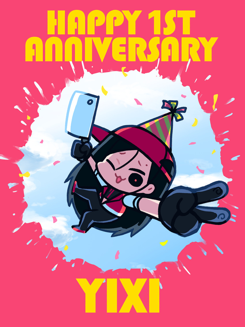 1girl :3 anniversary backwards_hat baseball_cap black_eyes black_gloves black_hair black_pants black_shirt character_name chibi chibi_only cleaver confetti english_text gloves happy_anniversary hat highres holding holding_cleaver jacket long_hair looking_at_viewer one_eye_closed open_mouth pants party_hat pink_background red_hat red_jacket red_pupils red_shoes shirt shoes short_sleeves solo splatter striped_hat synthesizer_v takulai v vimalion_pro white_trim yi_xi_(synthesizer_v)