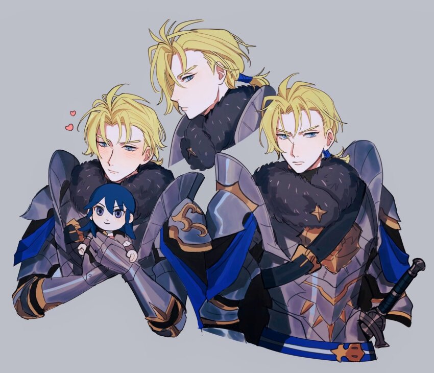 1boy armor black_fur blonde_hair blue_cape blue_eyes blush cape closed_mouth commentary crossed_arms dimitri_alexandre_blaiddyd fire_emblem fire_emblem:_three_houses fur_trim gold_trim grey_background hands_up heart highres holding holding_stuffed_toy looking_at_viewer male_focus multiple_views nintendo ponytail scabbard seirorath sheath short_ponytail simple_background stuffed_toy sword symbol-only_commentary upper_body weapon
