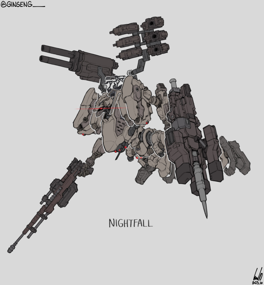 antennae armored_core armored_core_vi:_fires_of_rubicon character_name commentary dated english_commentary ginseng_(xin) glowing glowing_eyes grey_background greyscale gun highres holding holding_gun holding_weapon mecha missile_pod monochrome nightfall_(armored_core_vi) no_humans pile_bunker robot shoulder_cannon signature simple_background twitter_username weapon