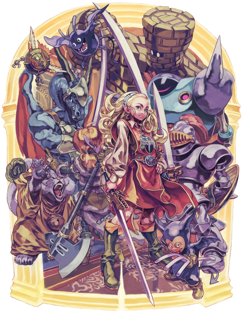 1girl 6+others aburaya_tonbi anlucea aqua_eyes armor axe black_pants blonde_hair blue_skin boots border bracer breastplate brown_gloves carpet cat colored_skin commentary_request creature_request dracky dragon dragon_quest dragon_quest_x elf_(dq10) fairy_wings floating_clothes fur-trimmed_boots fur-trimmed_gloves fur_trim gloves golem_(dragon_quest) green_boots hair_slicked_back hairband hand_on_own_hip highres holding holding_pitchfork holding_sword holding_weapon horns imp_(dragon_quest) killing_machine_(dragon_quest) long_hair looking_at_viewer low_ponytail mole mole_under_mouth monster multiple_others muscular_other orange_hair orange_skirt orange_trim pants pelt pitchfork pointy_ears ponytail purple_fur purple_skin red_tabard restless_armour robe robot sharp_teeth shirt silver_hairband skirt smile sword tabard teeth tongue tongue_out weapon weapon_on_back white_border white_shirt wings yellow_border yellow_robe
