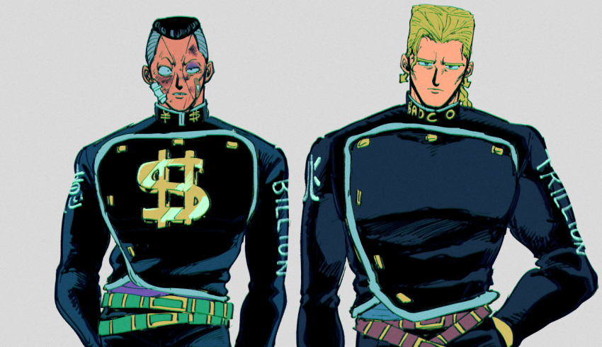 2boys arrow_earrings bandaid bandaid_on_face black_hair blonde_hair bruise bruised_eye commentary diamond_wa_kudakenai dollar_sign flattop gakuran hand_in_pocket injury jojo_no_kimyou_na_bouken kira_yoshikage long_hair multiple_boys nijimura_okuyasu oniyama831 school_uniform yen_sign