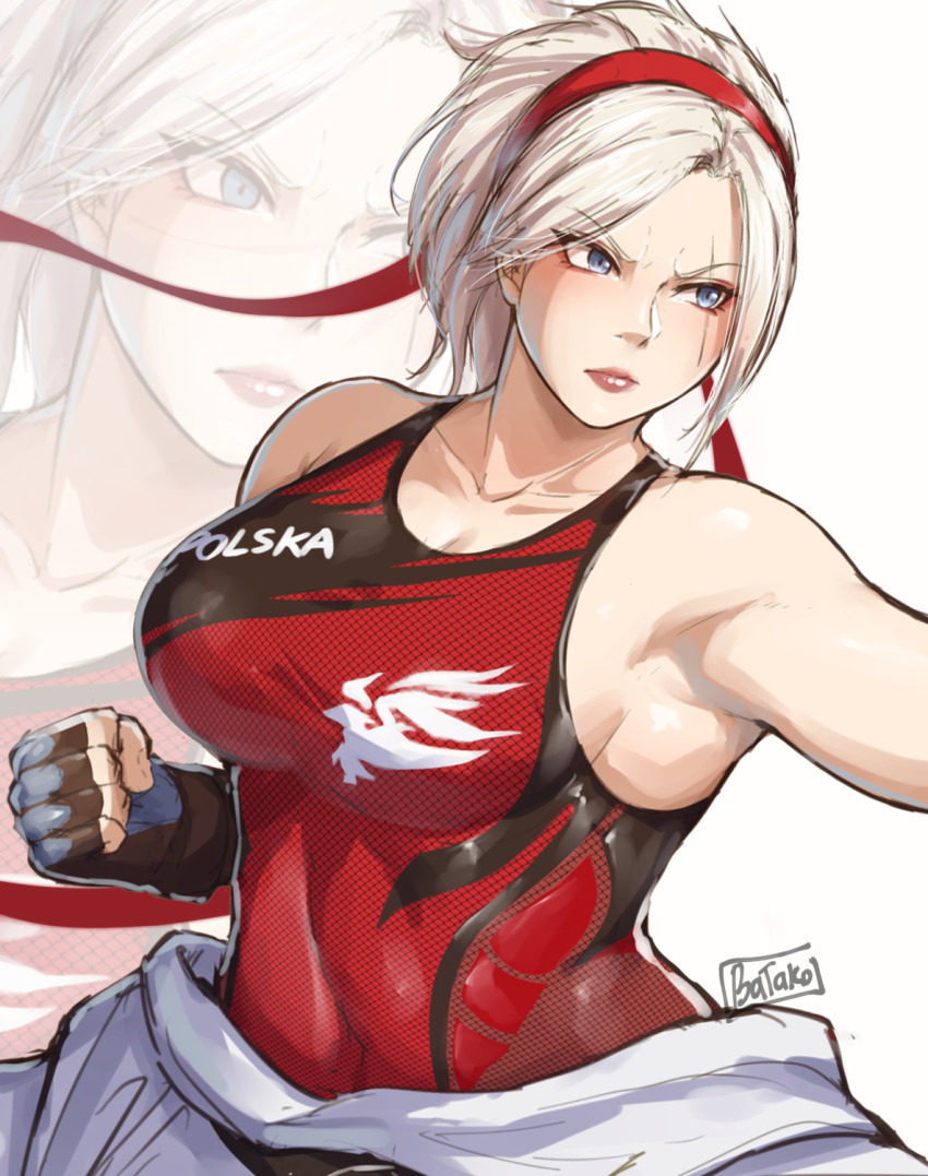 1girl armpits batako_(batakoart) belt black_belt breasts clenched_hand clothes_around_waist covered_navel dougi fighting_stance hairband highres karate karate_gi large_breasts leotard leotard_under_clothes lidia_sobieska linea_alba lips looking_afar martial_arts_belt namco pale_skin platinum_blonde_hair red_hairband scar scar_across_eye scar_on_face serious short_hair solo studded_gloves tekken tekken_7 zoom_layer