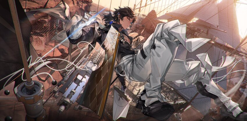 1boy arknights baizelangtai_(hallyswift) black_hair black_shirt black_shoes closed_mouth dark-skinned_male dark_skin ear_piercing gloves highres holding jewelry looking_at_viewer male_focus mixed-language_commentary orange_eyes pants piercing ponytail ship shirt shoes solo thorns_(arknights) thorns_the_lodestar_(arknights) watercraft white_gloves white_pants