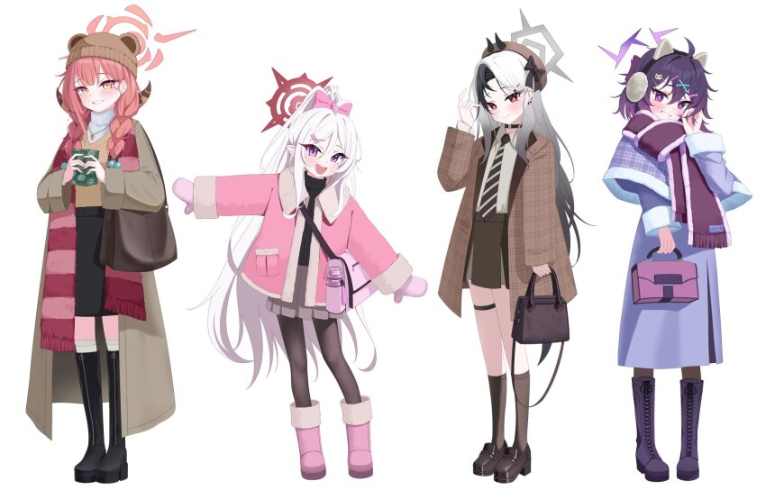 4girls 82jhin alternate_costume alternate_hairstyle animal_ears aru_(blue_archive) bag beanie bear_ears beret black_boots black_bow black_choker black_hair black_horns black_skirt black_sweater blue_archive boots bow braid braided_twintails brown_bag brown_coat brown_hat brown_horns brown_jacket brown_necktie brown_shoes brown_skirt brown_socks brown_sweater cat_ears cat_hair_ornament checkered_shawl choker closed_mouth coat collared_shirt commentary demon_horns diagonal-striped_clothes diagonal-striped_necktie dress ear_piercing earmuffs earrings fake_animal_ears full-body_cast full_body fur-trimmed_jacket fur-trimmed_shawl fur-trimmed_sleeves fur_trim grey_hair grey_halo grey_shirt grin hair_between_eyes hair_bow hair_ornament hair_over_shoulder hairclip halo hand_up handbag haruka_(blue_archive) hat heat_pad high_ponytail highres holding holding_bag holding_own_hair horns jacket jewelry kayoko_(blue_archive) knee_boots kneehighs lace-up_boots leaning_to_the_side loafers long_hair long_sleeves looking_at_viewer low_twintails mittens multiple_girls mutsuki_(blue_archive) necklace necktie open_mouth outstretched_arms pantyhose piercing pink_bow pink_jacket pink_mittens plaid_clothes plaid_jacket pointy_ears ponytail problem_solver_68_(blue_archive) purple_boots purple_dress purple_eyes purple_hair purple_halo purple_shawl red_eyes red_hair red_halo red_scarf scarf shawl shirt shoes shoulder_bag simple_background skirt smile socks spread_arms standing striped_clothes sweater sweater_vest symbol-only_commentary thigh_strap turtleneck turtleneck_sweater twintails very_long_hair white_background white_hair white_sweater winter_clothes yellow_eyes