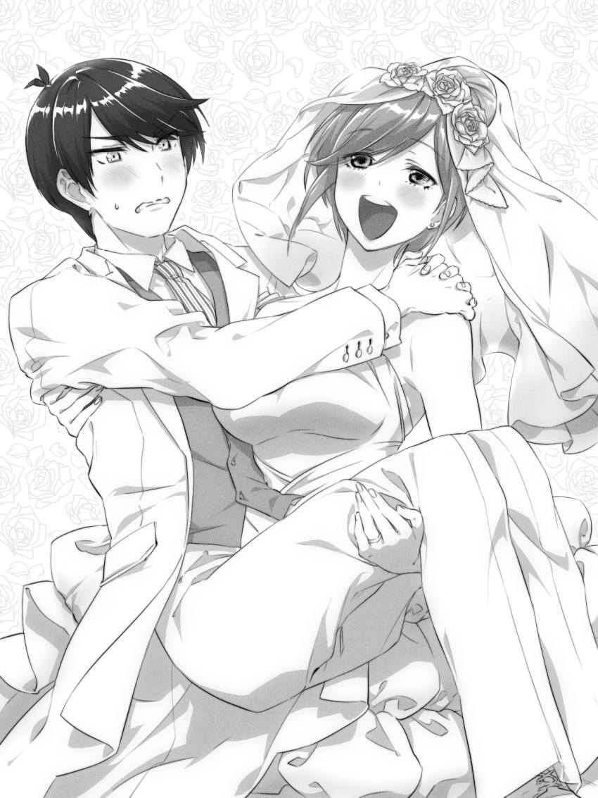 1boy 1girl blush bridal_veil bride carrying clenched_teeth collared_shirt dress flower go-toubun_no_hanayome greyscale groom hair_bun hair_flower hair_ornament hetero highres husband_and_wife looking_at_another monochrome nakano_yotsuba open_mouth pants princess_carry reverse_princess_carry shirt strapless strapless_dress teeth tuxedo uesugi_fuutarou veil vest wedding wedding_dress yu_(flowerbird3830)