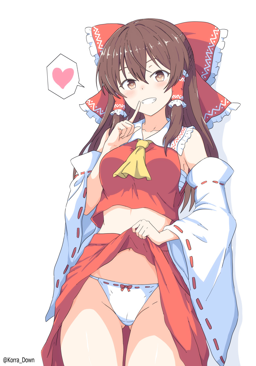 1girl absurdres bow breasts brown_eyes brown_hair chest_sarashi clothes_lift commentary cowboy_shot detached_sleeves finger_to_mouth grin hair_bow hair_tubes hakurei_reimu heart highres korra_down lifting_own_clothes long_hair looking_at_viewer medium_breasts midriff panties red_bow red_shirt red_skirt sarashi shirt shushing simple_background skirt skirt_lift smile solo spoken_heart symbol-only_commentary touhou underwear white_background white_panties