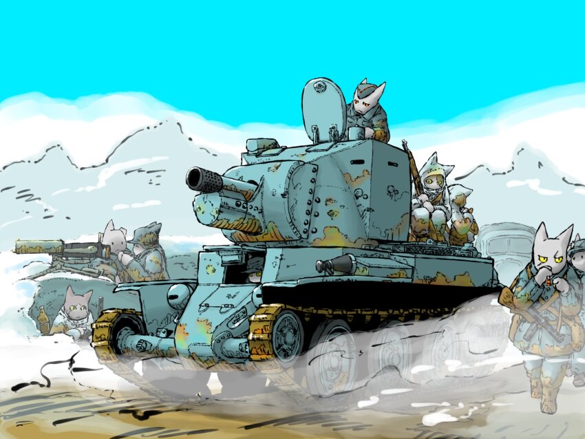 blue_sky bt-42 cannon cloud cloudy_sky day dust_cloud gun highres machine_gun maxim_gun military_vehicle motor_vehicle original rifle sky submachine_gun suomi_kp/-31 tank tripod vehicle_focus vehicle_request weapon yabarn