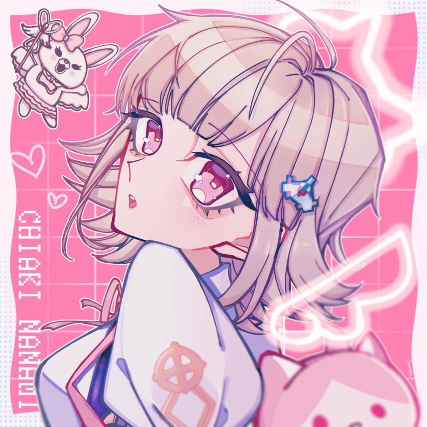 1girl :o animal_bag blush brown_hair cat_bag character_name danganronpa_(series) danganronpa_2:_goodbye_despair heart highres medium_hair meta_akira nanami_chiaki neck_ribbon pink_background pink_eyes pink_ribbon puffy_short_sleeves puffy_sleeves ribbon short_sleeves solo spaceship_hair_ornament usami_(danganronpa)