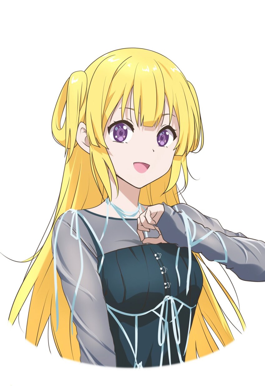 1girl 22/7 alternate_hairstyle ato_de_wakaru_koto black_dress blonde_hair dress fujima_sakura hair_rings highres long_hair looking_at_viewer matsubokkurin227 open_mouth purple_eyes see-through_clothes see-through_dress simple_background solo two_side_up upper_body white_background