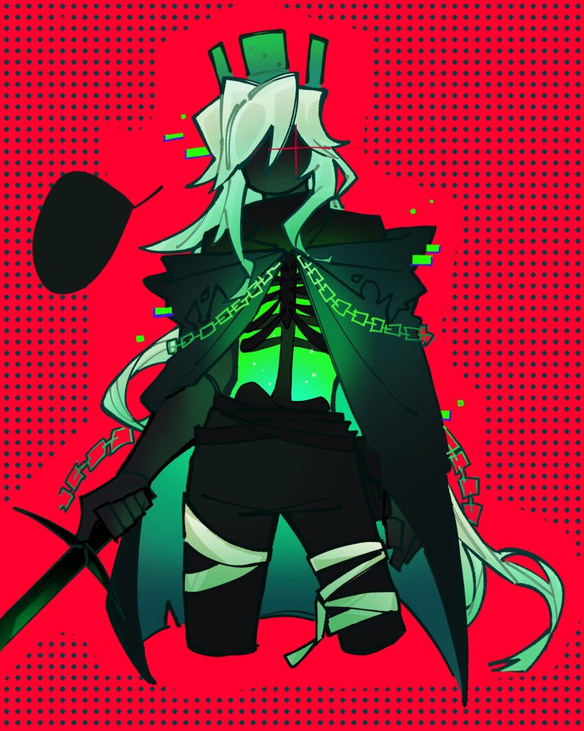 1boy 1x1x1x1_(roblox) black_cape black_pants black_skin cape chain colored_skin cowboy_shot crown digital_dissolve forsaken_(roblox) green_crown highres holding holding_sword holding_weapon long_hair looking_at_viewer pants red_background ribs roblox see-through_body sidelocks simple_background skeleton solo speech_bubble sword very_long_hair weapon white_hair zug0101