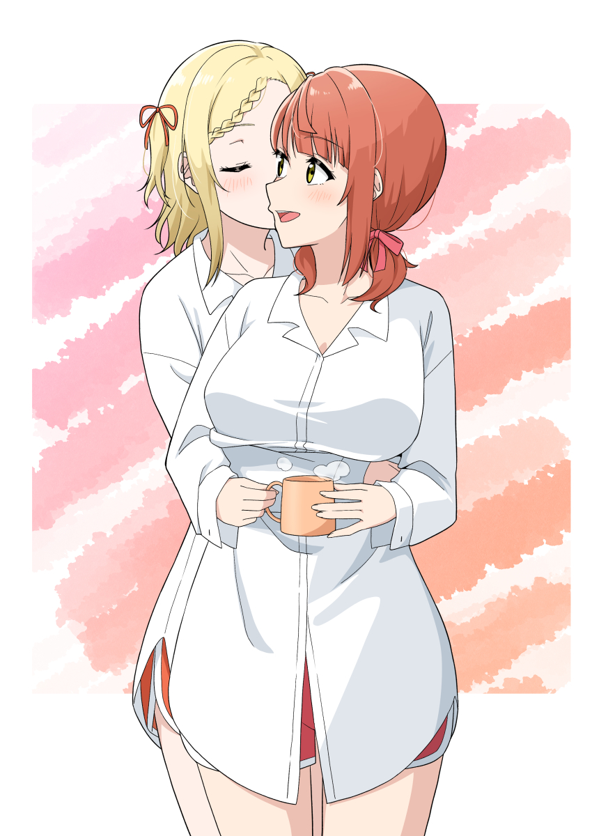 2girls absurdres blonde_hair blush border braid braided_bangs breasts cleavage closed_eyes coffee_mug collarbone collared_shirt commentary cup dolphin_shorts dress_shirt hair_ribbon highres holding holding_cup hug hug_from_behind large_breasts long_sleeves love_live! love_live!_nijigasaki_high_school_idol_club low_twintails medium_hair miyashita_ai mug multicolored_background multiple_girls official_alternate_costume ohrinas open_mouth orange_background orange_hair orange_ribbon orange_shorts outside_border oversized_clothes oversized_shirt pink_background pink_ribbon pink_shorts ribbon shirt short_shorts shorts sidelocks sideways_mouth steam tokimeki_no_mirai_chizu twintails uehara_ayumu white_background white_border white_shirt yellow_eyes yuri