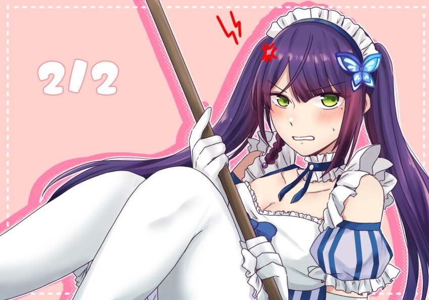 1girl alternate_hairstyle anger_vein annoyed assault_lily blue_dress blue_ribbon blush bow braid breasts butterfly_hair_ornament cleavage clenched_teeth collar collarbone commentary dated_commentary detached_sleeves dress dress_bow drop_shadow elbow_gloves frilled_collar frilled_dress frills funada_kiito gloves green_eyes hair_ornament hands_up holding holding_mop inset_border knees_together_feet_apart knees_up large_breasts lightning_bolt_symbol long_hair looking_at_viewer maid maid_headdress mop neck_ribbon nigari_(ngari_0115) official_alternate_costume outside_border pantyhose parted_lips pink_background puffy_short_sleeves puffy_sleeves purple_hair ribbon short_sleeves side_braid simple_background single_braid sitting solo striped_clothes striped_dress sweat teeth twintails_day two-tone_dress upper_body v-shaped_eyebrows vertical-striped_clothes vertical-striped_dress white_collar white_dress white_gloves white_pantyhose