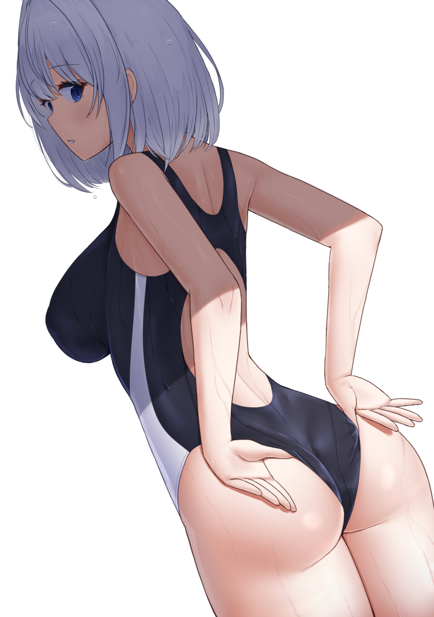 1girl absurdres adjusting_clothes adjusting_swimsuit ass black_one-piece_swimsuit blue_eyes breasts commentary_request competition_swimsuit from_behind grey_eyes highres hikikomari_kyuuketsuki_no_monmon looking_at_viewer looking_back medium_breasts one-piece_swimsuit sakuna_memoire shade short_hair simple_background solo standing swimsuit user_tyad4272 wedgie white_background