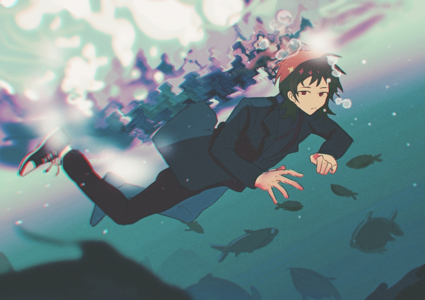 1boy absurdres black_coat black_pants black_shirt black_shoes brown_hair bubble chromatic_aberration closed_mouth coat commentary_request film_grain fish hai_(1210080) harada_minoru highres long_sleeves male_focus medium_hair open_clothes open_coat pants red_eyes saibou_shinkyoku shirt shoes solo underwear
