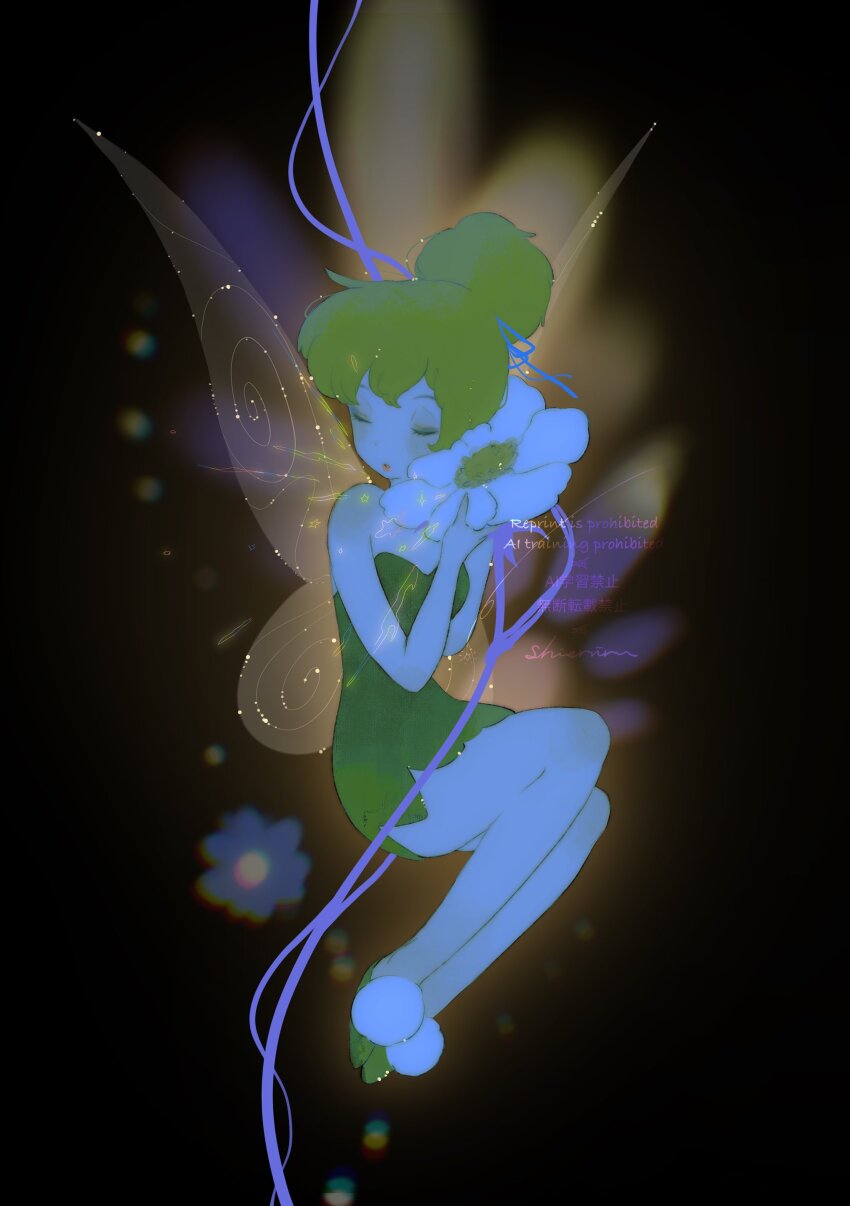 1girl absurdres bare_shoulders black_background blonde_hair closed_eyes closed_mouth disney_fairies_(film_series) dress fairy fairy_wings flower full_body green_dress hair_bun highres looking_at_viewer purple_ribbon ribbon shieriru short_hair simple_background single_hair_bun solo sparkle strapless strapless_dress tinker_bell_(disney) white_flower wings