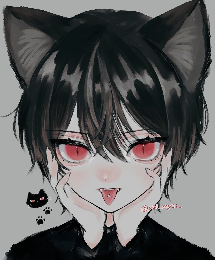 1boy animal_ears animal_hands black_hair black_shirt cat_boy cat_ears cat_paws commentary_request eyelashes fangs fingernails grey_background hair_between_eyes hands_on_own_face highres looking_at_viewer male_focus original oysi_mysi piercing portrait red_eyes sharp_fingernails shirt short_hair simple_background slit_pupils solo teeth tongue tongue_out tongue_piercing twitter_username upper_teeth_only