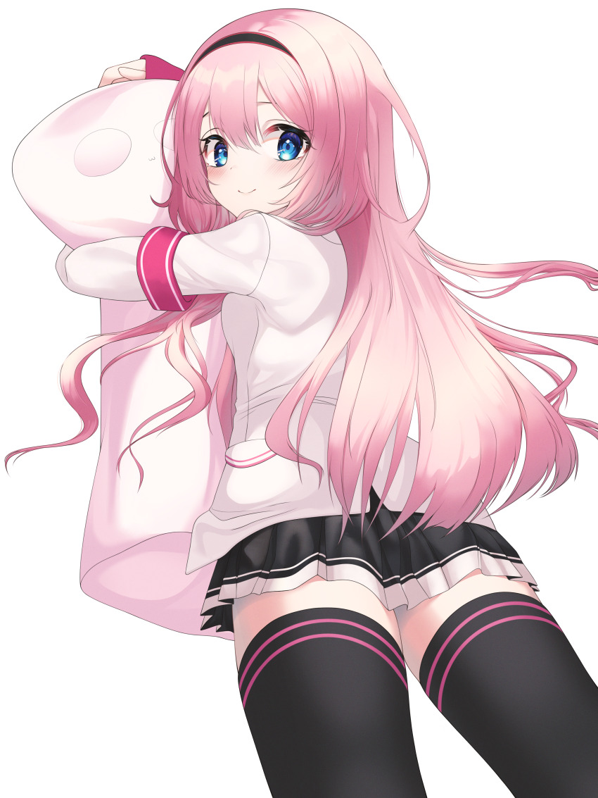 1girl absurdres armband blue_eyes blush ddiddo from_behind hairband highres long_hair looking_at_viewer looking_back nijisanji pink_hair simple_background sleeves_past_wrists smile solo suo_sango thighhighs virtual_youtuber white_background zettai_ryouiki