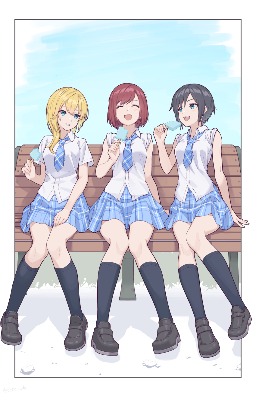 3girls alternate_costume black_footwear black_hair black_socks blonde_hair blue_eyes blue_necktie blue_skirt closed_eyes commentary_request food gogo_(detteiu_de) highres holding holding_food holding_popsicle kairi_(kingdom_hearts) kingdom_hearts kingdom_hearts_iii long_hair looking_at_another multiple_girls namine necktie open_mouth plaid_clothes plaid_skirt popsicle red_hair school_uniform shirt shoes short_hair short_sleeves sitting skirt smile socks white_shirt xion_(kingdom_hearts)