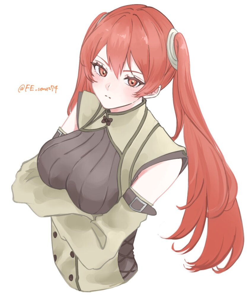 1girl arms_under_breasts blush breasts brown_tunic closed_mouth crossed_arms fire_emblem fire_emblem_awakening hair_ornament highres long_hair looking_at_viewer medium_breasts nintendo red_eyes red_hair sayaka_(fe_uma274) severa_(fire_emblem) simple_background solo tunic twintails very_long_hair