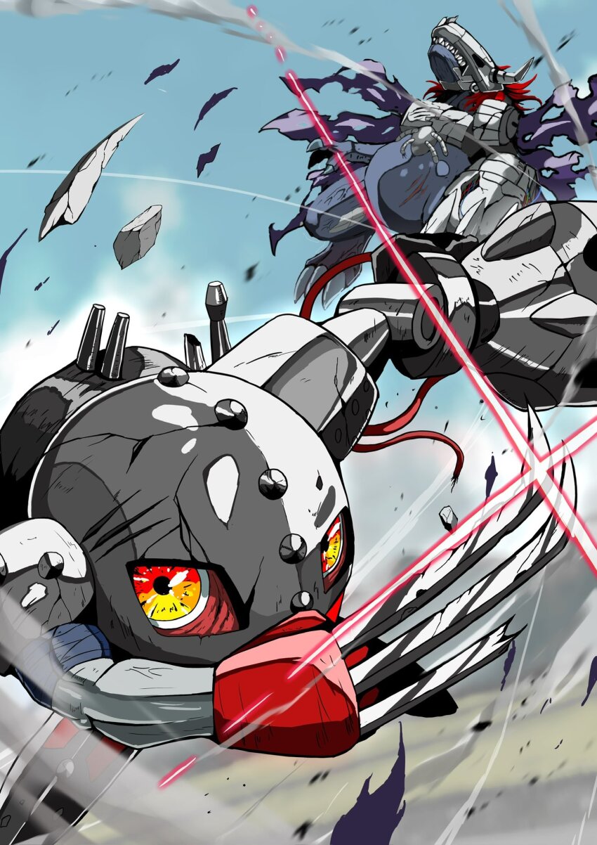 claws cyborg digimon digimon_(creature) highres metalgreymon_(virus) metalmamemon yellow_eyes