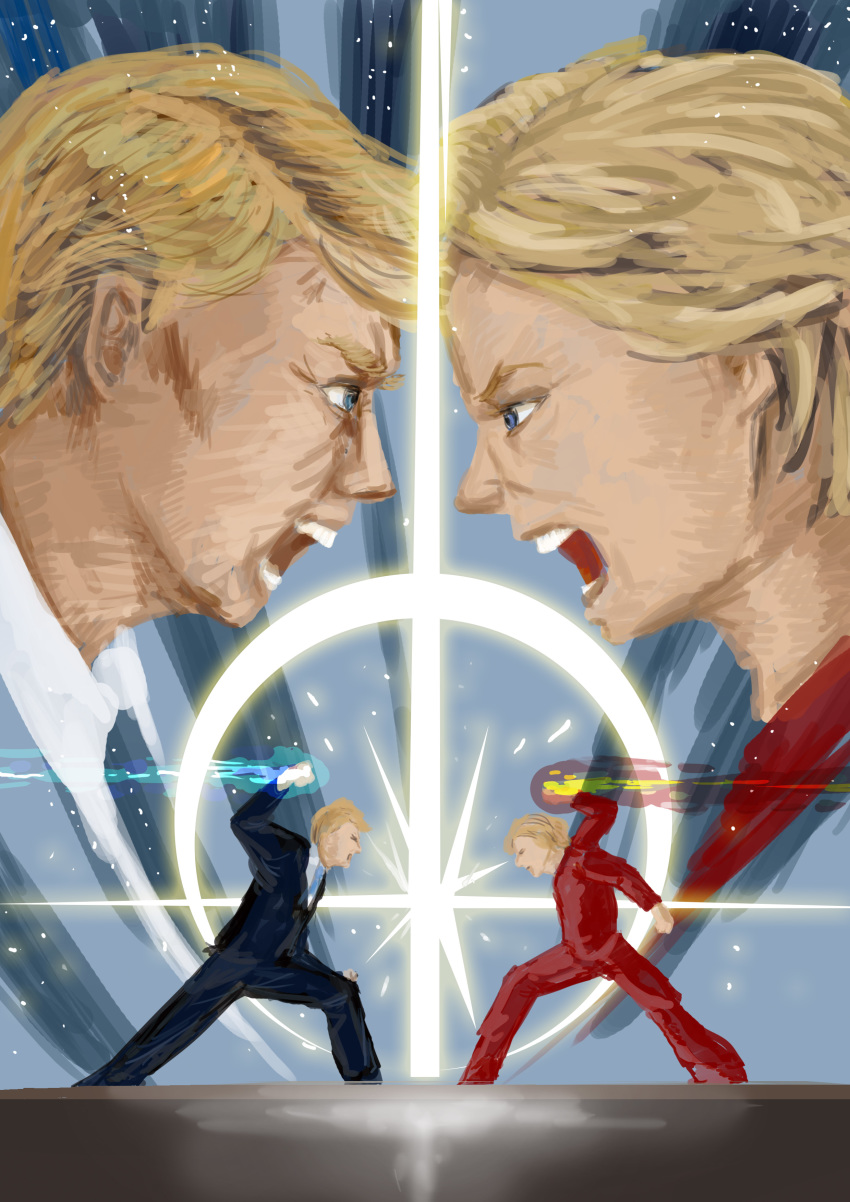 1boy 1girl absurdres angry awesome_face battle blonde_hair business_suit clash donald_trump election energy epic fighting fighting_stance fire formal_clothes highres hillary_clinton kansei_chuusatsu lens_flare old old_man old_woman open_mouth punching real_life staring staring_contest suit 選挙2