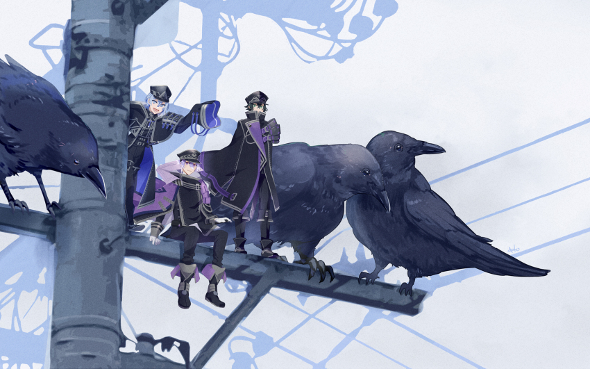 3boys armor belt belt_buckle bird black_armor black_belt black_coat black_footwear black_hair black_hat black_pants blue_eyes blue_hair boots buckle cape closed_mouth coat crow foot_dangle gloves green_eyes hair_between_eyes hat high_collar highres houhou_(black_lack) japanese_armor long_sleeves looking_at_viewer lower_teeth_only male_focus minamoto_kiyomaro mini_person miniboy multiple_boys open_mouth outdoors pants peaked_cap power_lines purple_cape purple_eyes purple_hair short_hair shoulder_armor single_sode sitting sleeve_cuffs sleeves_past_fingers sleeves_past_wrists smile sode standing suishinshi_masahide_(touken_ranbu) sword taikei_naotane teeth touken_ranbu utility_pole weapon white_gloves