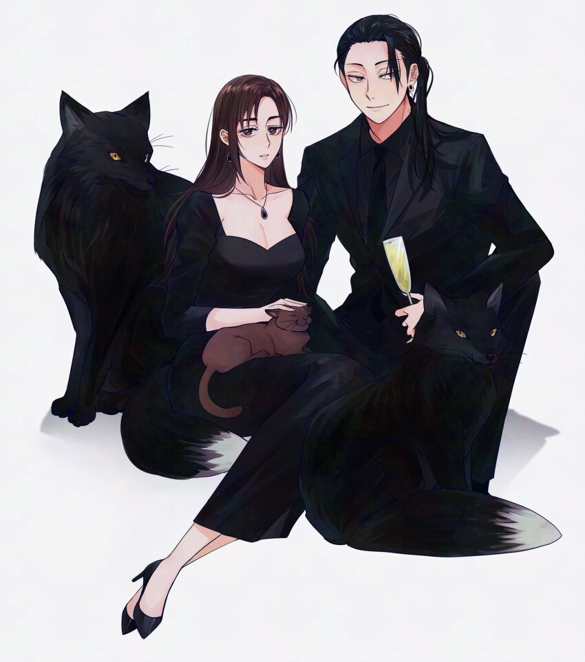1boy 1girl alcohol animal animal_on_lap beer beer_mug black_dress black_hair black_high_heels black_necktie black_pants black_shirt black_suit breasts brown_cat brown_eyes brown_hair cat cat_on_lap cleavage closed_eyes collarbone collared_shirt cup dress earrings floating_earring formal_clothes getou_suguru glass grey_background hair_in_eyes hair_over_shoulder hair_slicked_back headpat high_heels highres holding holding_cup ieiri_shoko jewelry jujutsu_kaisen light_smile long_hair low_ponytail male_focus matchi_(ginger.8) mature_female mature_male mole mole_under_eye mug necklace necktie on_lap pants pendant ponytail shirt sidelocks sitting stiletto_heels stud_earrings suit wolf yellow_eyes