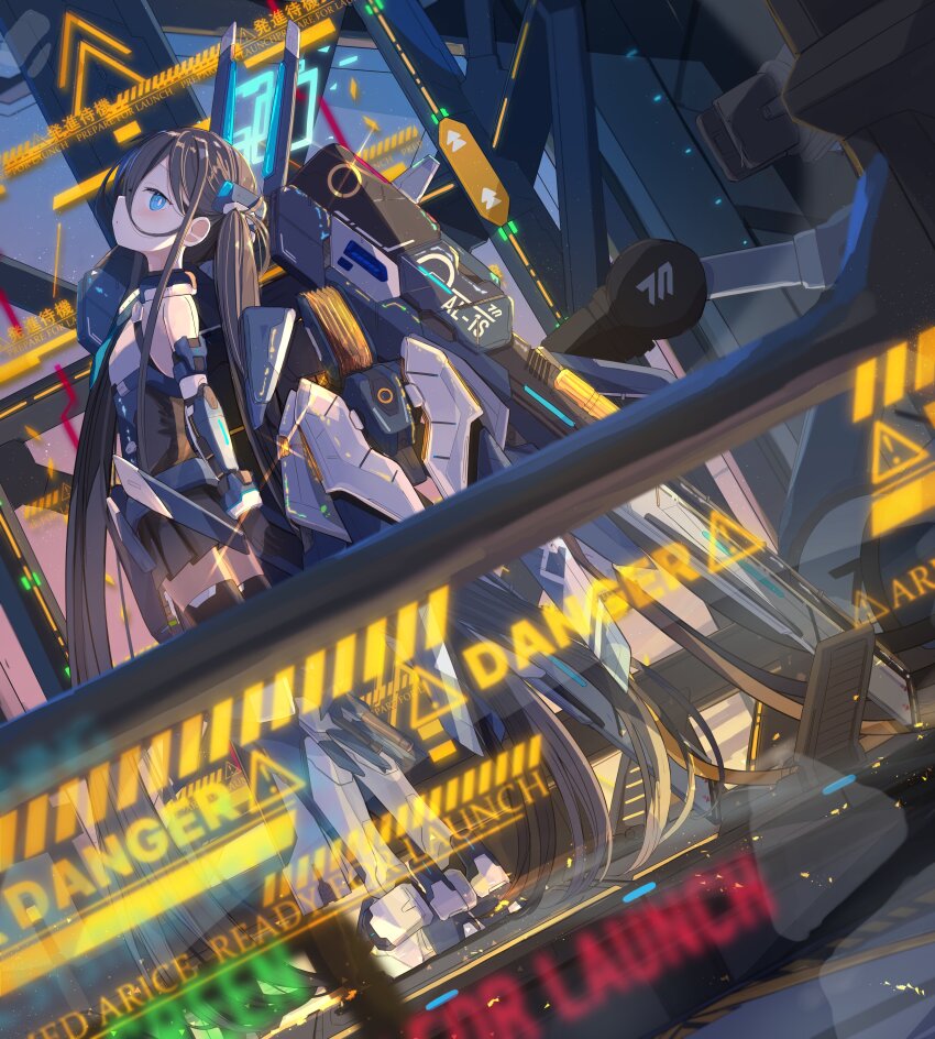 1girl absurdres aris_(blue_archive) aris_(mecha_suit)_(blue_archive) bare_shoulders black_hair blue_archive blue_eyes force_(fossan_01) gloves hair_between_eyes halo highres holding long_hair mecha_musume mechanical_wings rectangular_halo sign skirt solo thighhighs twintails very_long_hair warning_sign wings