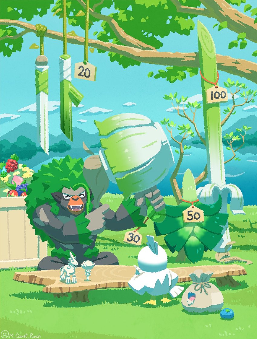 ^_^ bag berry_(pokemon) branch calyrex character_doll closed_eyes cloud commentary_request crate day doll gen_8_pokemon glastrier highres holding komepan legendary_pokemon nintendo open_mouth outdoors pokemon rawst_berry razz_berry rillaboom sirfetch&#039;d sitrus_berry sky teeth tongue wiki_berry