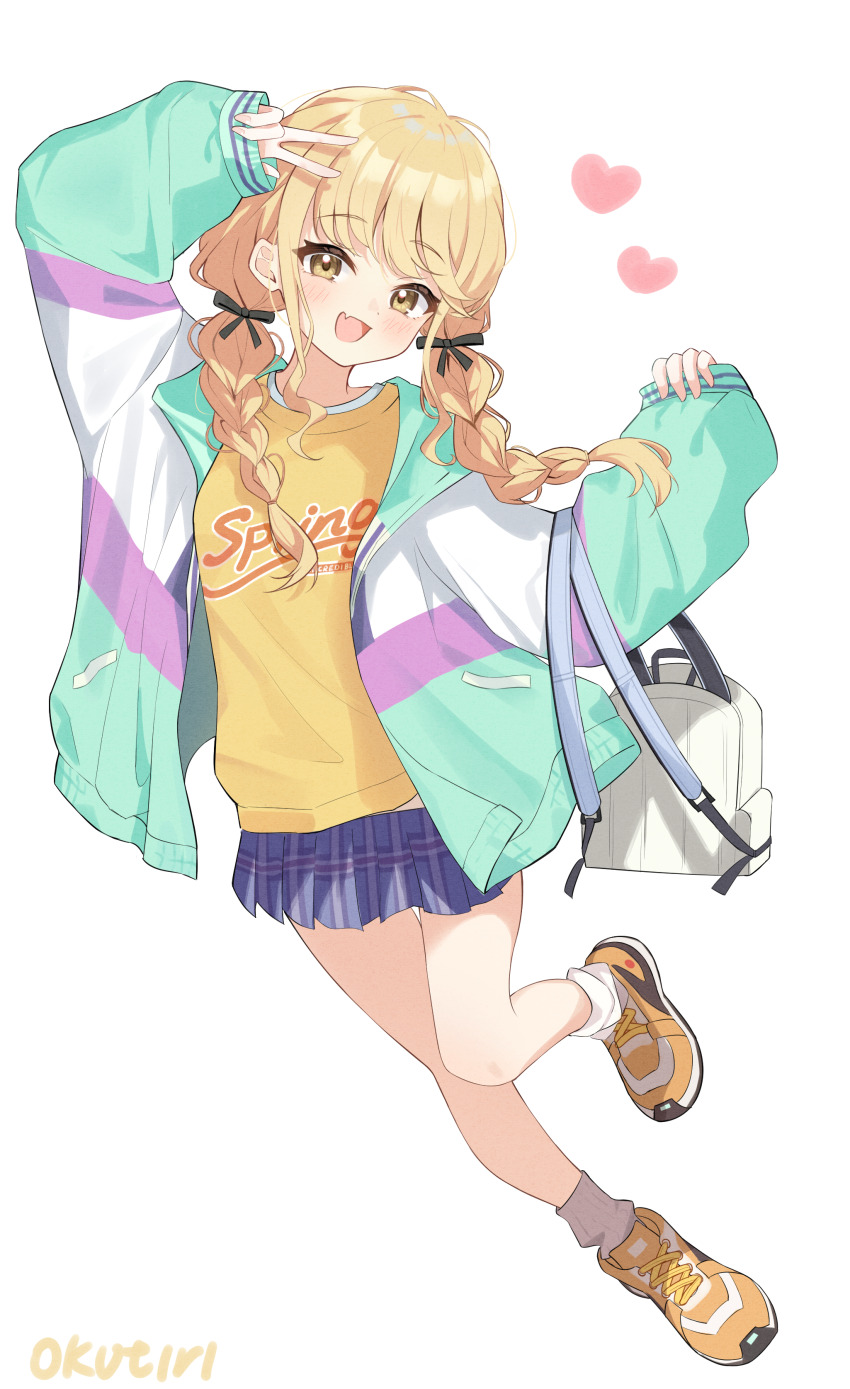 1girl absurdres artist_name bare_legs black_ribbon blonde_hair blue_skirt blush braid commentary exusiai_dust fang fujita_kotone full_body gakuen_idolmaster hair_ribbon heart highres hood hooded_jacket idolmaster jacket long_hair looking_at_viewer multicolored_jacket plaid_clothes plaid_skirt pleated_skirt ribbon shirt shoes signature simple_background skin_fang skirt smile sneakers socks solo twin_braids v white_background white_bag white_socks yellow_eyes yellow_shirt yellow_shoes