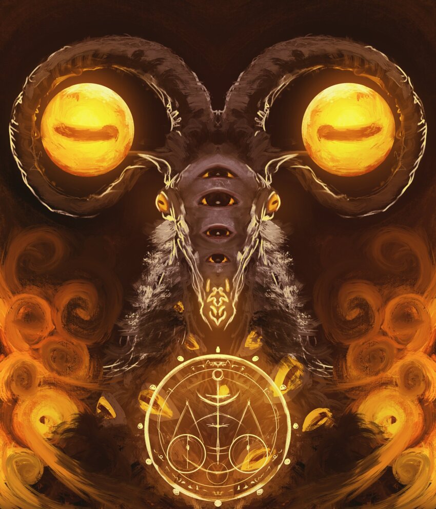 balance_scale colored_sclera cropped_shoulders disembodied_eye elden_ring elden_ring_nightreign extra_eyes facing_viewer glowing goat_horns highres horizontal_pupils horns libra_(elden_ring) looking_at_viewer monster monster_focus sigil solo thefearmaster very_big_eyes weighing_scale yellow_sclera