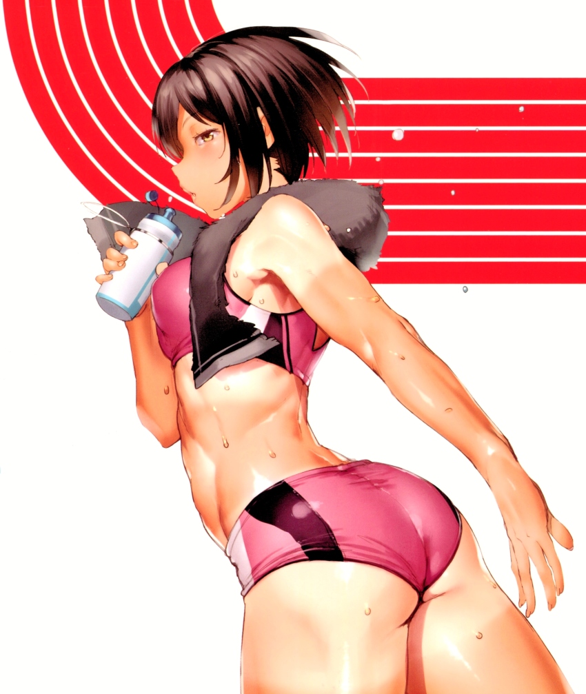 1girl absurdres armpit_peek ass bottle brown_hair cowboy_shot double_tanline from_side highres karochii megami_no_sprinter profile scan short_hair solo sports_bra sportswear sweat takase_kyoko tanlines water_bottle white_background