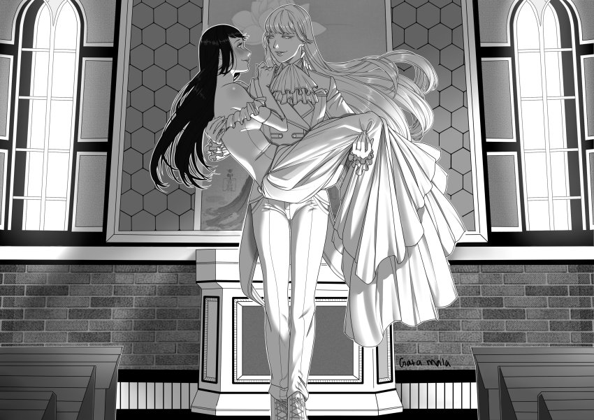 2girls absurdres altar artist_name ascot black_hair blush bride carrying church commission dress eye_contact female_focus formal_clothes gata_mala greyscale groom highres igarashi_sayaka indoors kakegurui lipstick long_hair looking_at_another makeup momobami_kirari monochrome multiple_girls pants pew princess_carry suit wedding wedding_dress white_hair wife_and_wife window yuri