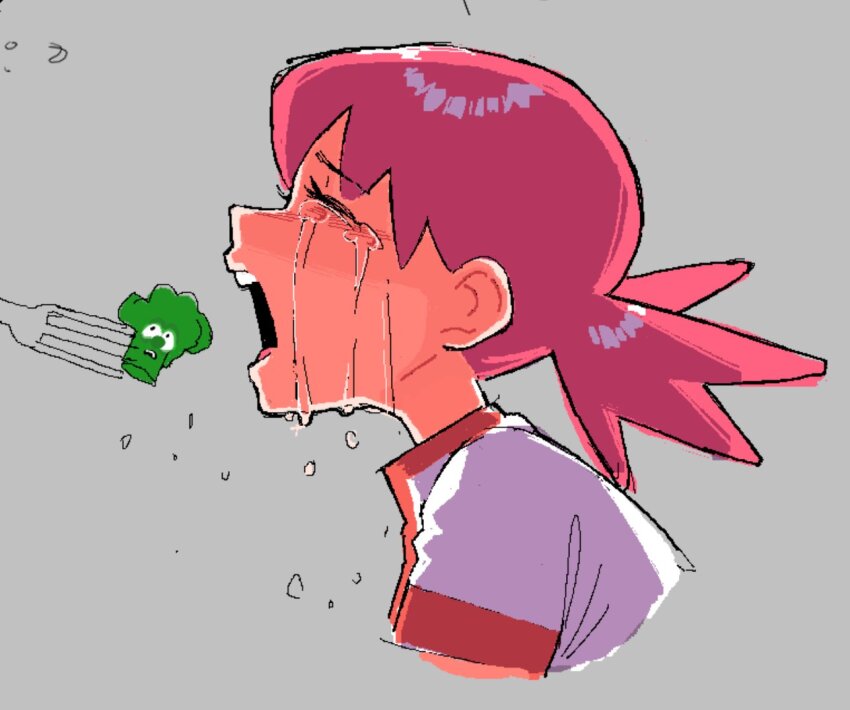 1girl broccoli closed_eyes commentary crying english_commentary feeding fork from_side game_freak kaatokun nintendo open_mouth pokemon pokemon_gsc sketch solo streaming_tears tears twintails veggietales whitney_(pokemon)