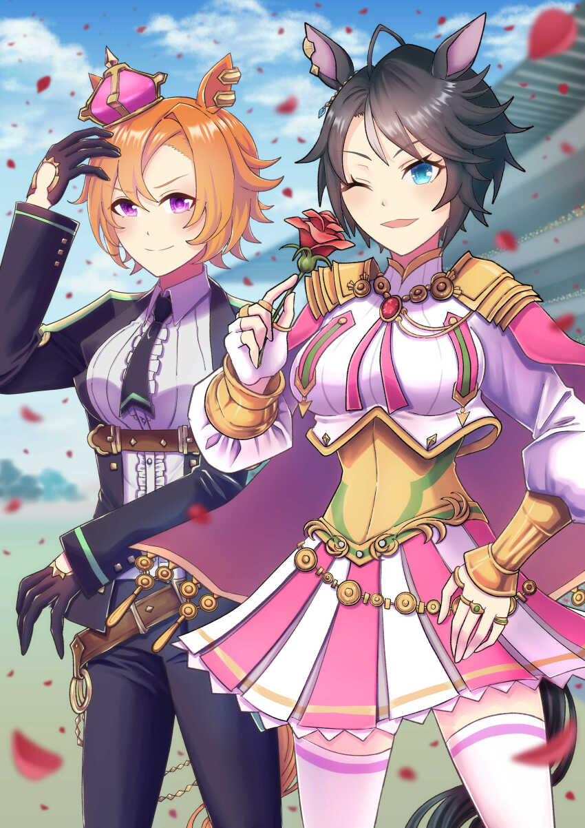 &gt;:) 2girls absurdres ahoge animal_ears aokocha arm_up armor black_hair black_jacket black_necktie black_pants blue_eyes blurry blurry_background bracer brooch brown_hair cape center_frills closed_mouth collared_shirt cosplay costume_switch crown earclip fingerless_gloves flower frills fuji_kiseki_(umamusume) fuji_kiseki_(umamusume)_(cosplay) gloves grey_hair hand_up highres holding holding_flower horse_ears horse_girl horse_tail jacket jewelry legs_apart long_sleeves looking_at_viewer multicolored_hair multiple_girls necktie open_clothes open_jacket open_mouth pants petals purple_eyes red_flower red_rose ring rose shirt shoulder_armor skirt smile standing t.m._opera_o_(umamusume) t.m._opera_o_(umamusume)_(cosplay) tail thighhighs two-tone_hair umamusume v-shaped_eyebrows wing_collar zettai_ryouiki