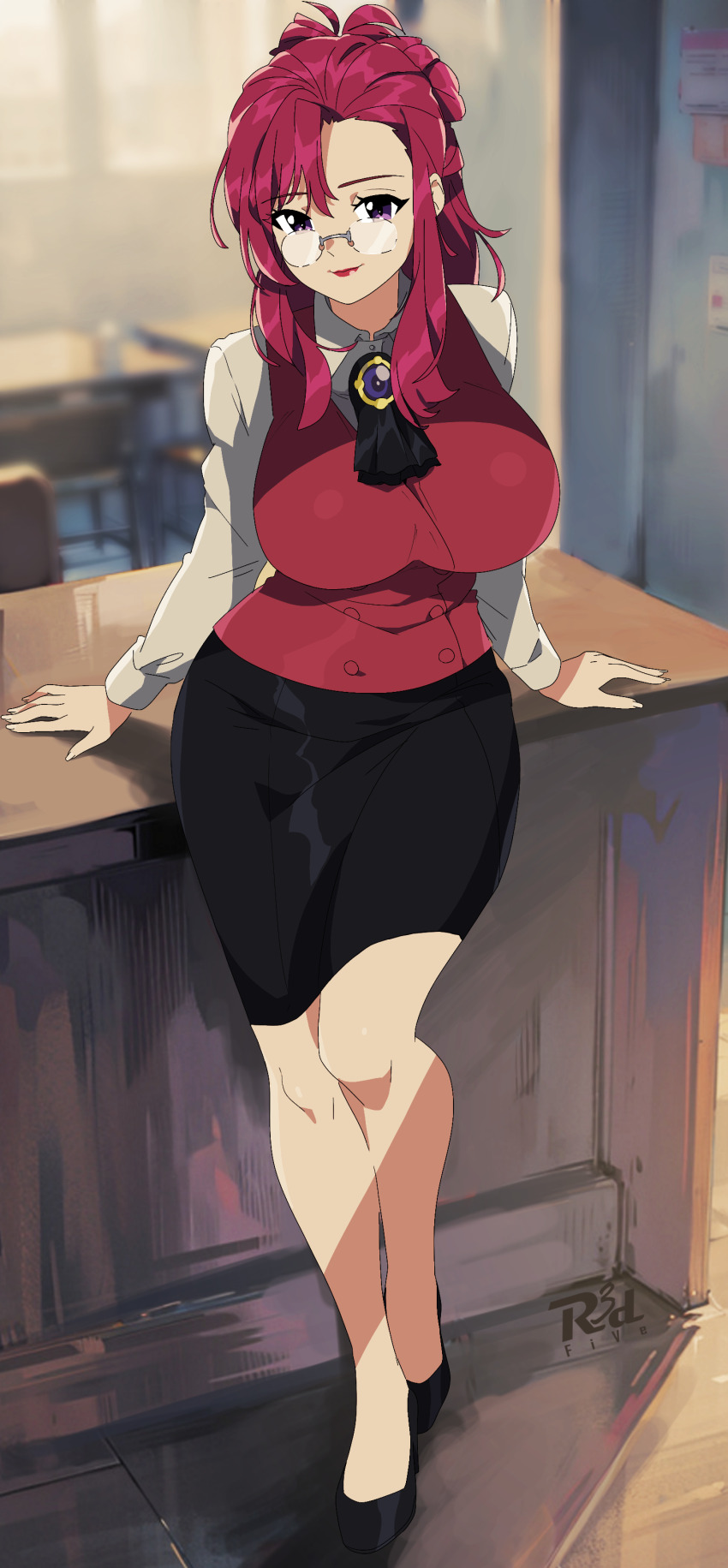 1girl absurdres arm_support artist_name black_footwear black_skirt blurry blurry_background border breasts collared_shirt desk glasses hair_up highres kazami_mizuho large_breasts leaning_back long_hair looking_at_viewer miniskirt onegai_teacher purple_eyes r3dfive red_hair red_lips red_vest school_desk shirt sidelocks skirt solo teacher vest white_shirt wooden_floor