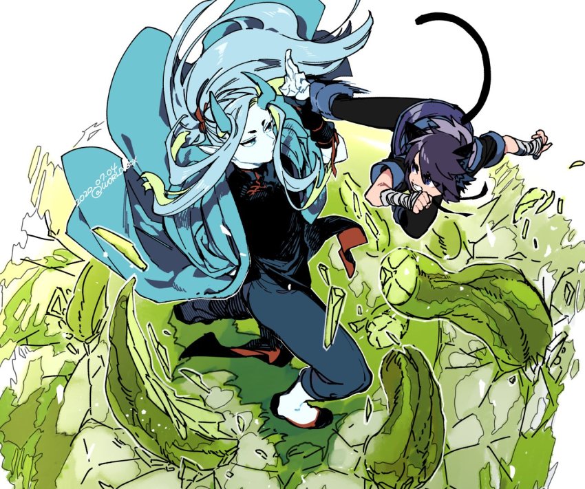 2boys aqua_hair aqua_horns dated fengxi_(the_legend_of_luoxiaohei) fighting hand_up horns long_hair multiple_boys outline short_sleeves tail luo_xiaohei_zhanji twitter_username vox white_outline wide_shot xuhuai_(the_legend_of_luoxiaohei) aged_down