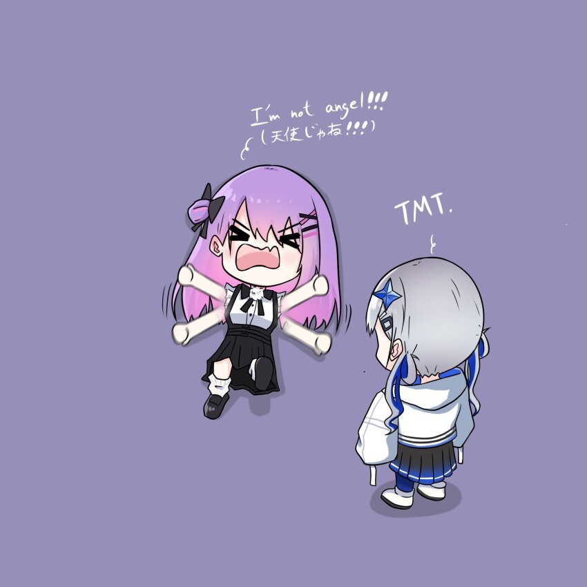 &gt;_&lt; 2girls afterimage amane_kanata amane_kanata_(work) black_shoes black_skirt blue_hair blue_pantyhose chibi closed_eyes commentary english_commentary english_text flailing fong_(fongthe0125) gradient_hair grey_hair hair_between_eyes hair_ornament hairclip highres hololive hood hood_down hooded_jacket jacket long_hair long_sleeves lying multicolored_hair multiple_girls on_back open_mouth pantyhose pink_hair pleated_skirt puffy_long_sleeves puffy_sleeves purple_background purple_hair romaji_commentary shadow shirt shoe_soles shoes simple_background skirt sleeveless sleeveless_shirt sleeves_past_fingers sleeves_past_wrists socks suspender_skirt suspenders tokoyami_towa tokoyami_towa_(jirai_kei) translation_request two-tone_hair v-shaped_eyebrows very_long_hair virtual_youtuber wavy_mouth white_jacket white_shirt white_shoes white_socks